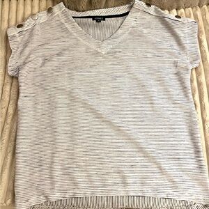 Jones New York Striped V-Neck Button Shoulder Tee in White and Dark Navy